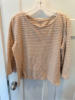 LOFT Striped Knit Top Medium Beige Cream Gold Metallic 3/4 Sleeve Casual